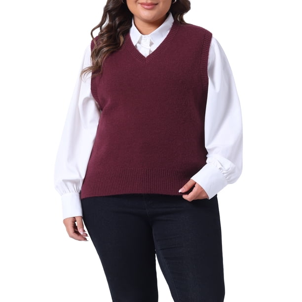 Agnes Orinda Chaleco de Suéter Talla Grande para Mujeres Cuello en V Chalecos de Punto Sólido Clásico Sin Mangas Suéteres Tops 1X Burdeos