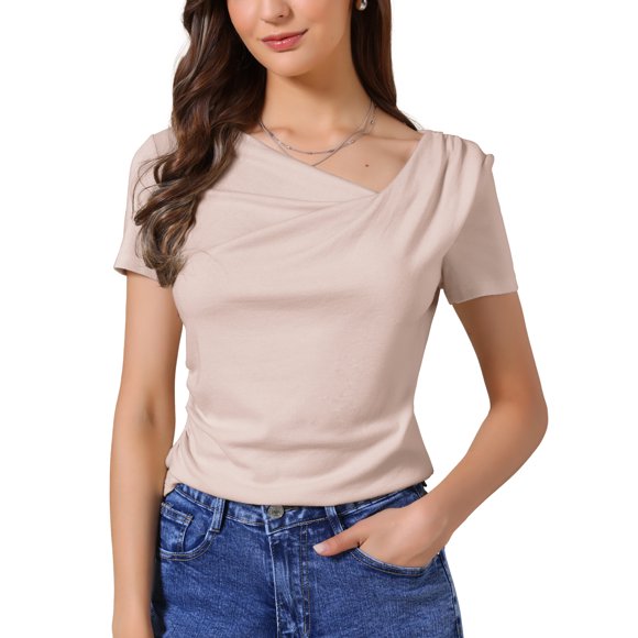 INSPIRE CHIC Top de Manga Corta para Mujer con Fruncido, Camiseta de Salida Ajustada, Blusa Básica Slim Fit M Rosa
