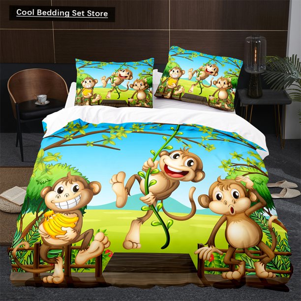 Monkey Duvet Cover Lovely Cartoon Animal Bedding Set for Kids Boy Girl Green Jungle Tree Polyester Quilt Cover Bed Sheets