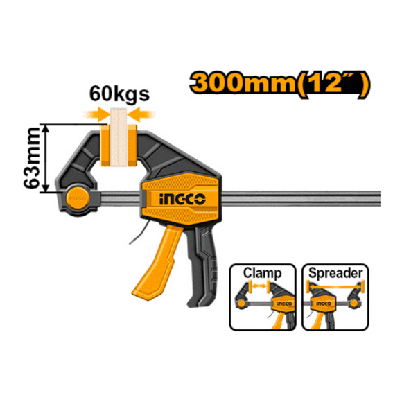 Prensa Sargento Rapida Industrial Ingco 63x300 Mm Hqbc01602