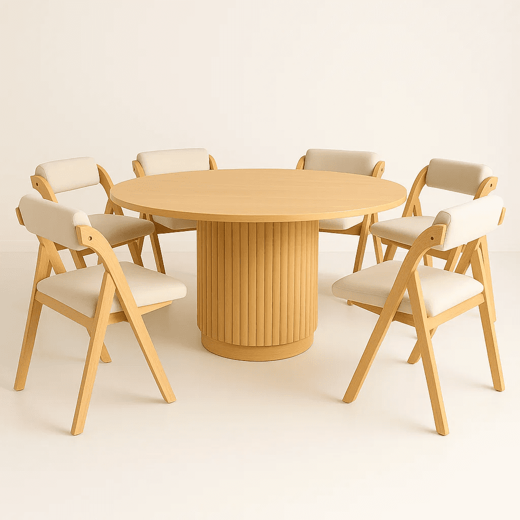 Klik Muebles - Comedor Mesa Redonda Nórdica Armonía De 130 Cm Madera Natural + 6 Silla Betlahem De Madera Plegable Acolchada - Beige