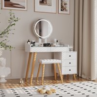 M&Ms - Dressing Table With Led Lights Glass Top Dressing Table With Extendable Side Table 5 Drawers Dressing Table With Mirror And Stool For Bedroom