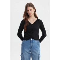 Fashionspark - Polera Mujer Cuello Cv Encaje Rulet En Puño Negro