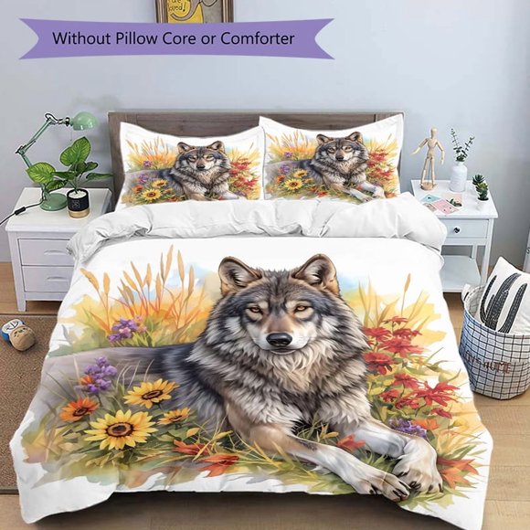 Gray Wolf Amidst a Field of Colorful Flowers Printed Duvet Cover Set (1 * Cover+2 * Pillowcase Without Core) Suitable for Home Bedroom Guest Room Dormitory Deco