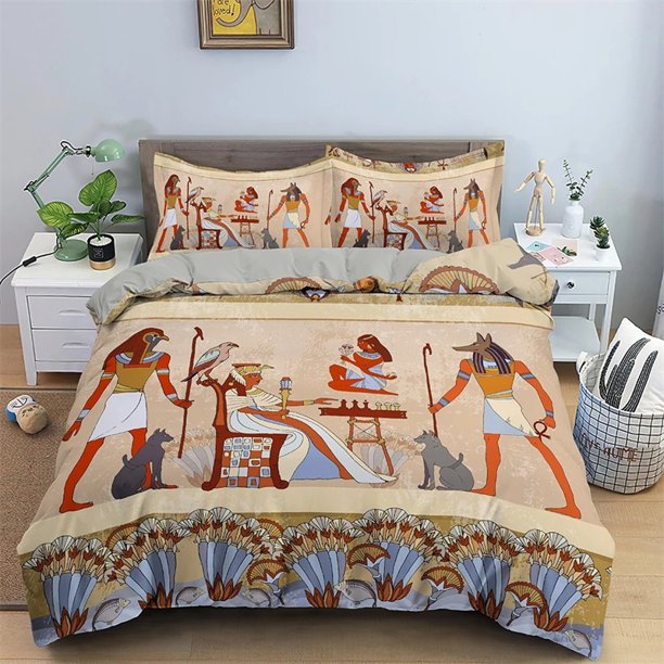 Egypt Comforter Duvet Cover Set for Kids Ancient Egyptian Script Pharaoh Pyramid Bedding Set Egypt Tribal Quilt Cover