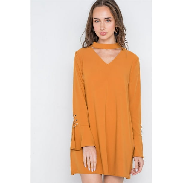 Vestido Mini Liso con Escote en V y Manga Larga