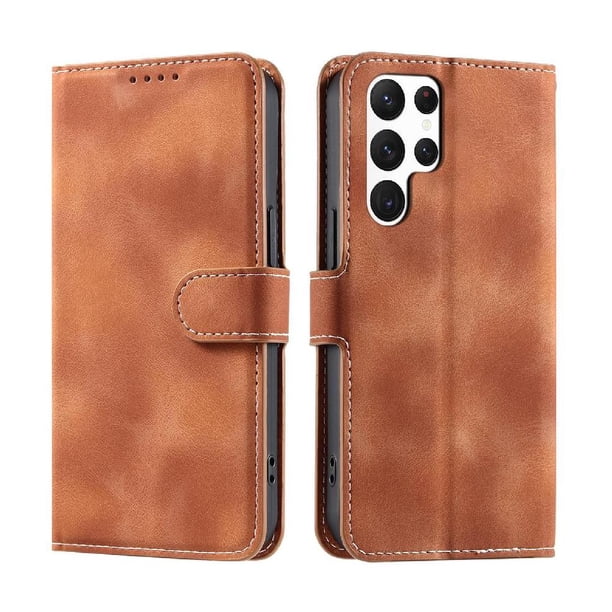 Funda Cartera para Samsung Galaxy S24 Ultra Tapa con Ranuras, Soporte y Correa Marrón