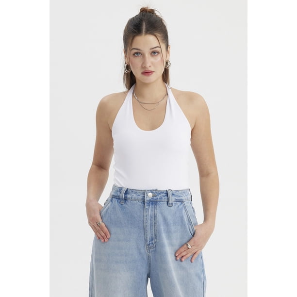 Polera Peto Mujer Halter Liso Crop Blanco