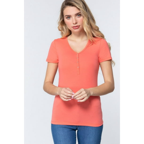Top Corto de Punto Henley con Cuello en V y Manga Corta