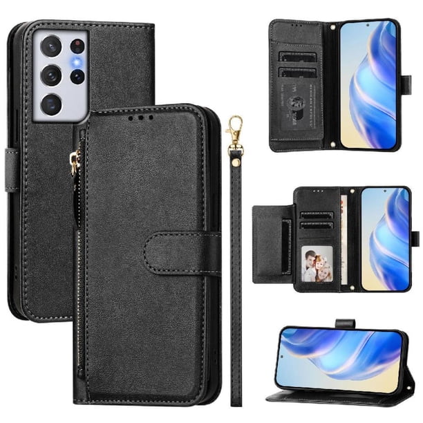 Funda Billetera Cremallera para Samsung Galaxy S21 Ultra 5G con Porta Tarjetas, Soporte y Correa Negro
