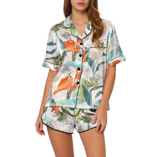 Inspire Chic Conjuntos De Pijama De Satén Para Mujer Ropa De Dormir Conjuntos De Salón Con Tops Y Pantalones Cortos M Verde-blanco