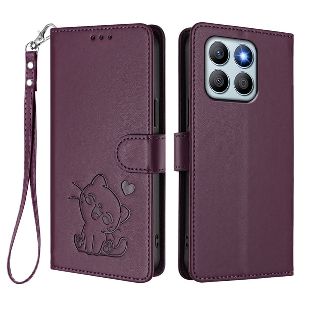 Honor X8B 4G Funda Billetera con Estampado de Gato, Morado Oscuro