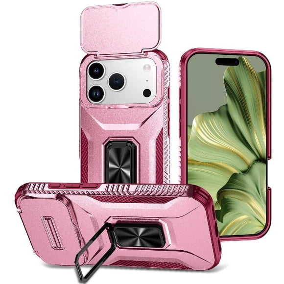 Funda Armada para iPhone 17 Pro con Tapa Deslizante y Soporte Magnético Giratorio Rosa