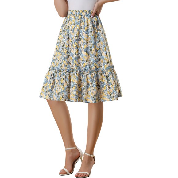 INSPIRE CHIC Faldas para Mujer Cintura Elástica Línea A Flowy Volantes en Capas Falda Midi Floral Azul Amarillo S