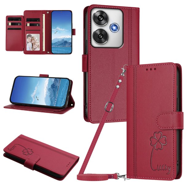 Funda Cartera Trébol para Xiaomi Poco F6 con Ranuras Tarjetas y Carga Inalámbrica Rojo