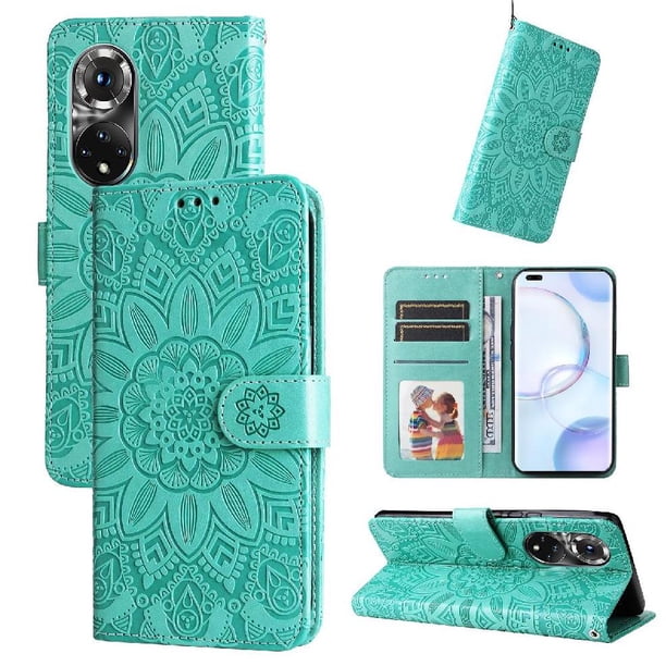 Funda tipo cartera FOXDOCK para Huawei Nova 9 Pro , diseño girasol en relieve, cuero PU, cierre magnético, soporte y tarjetero
