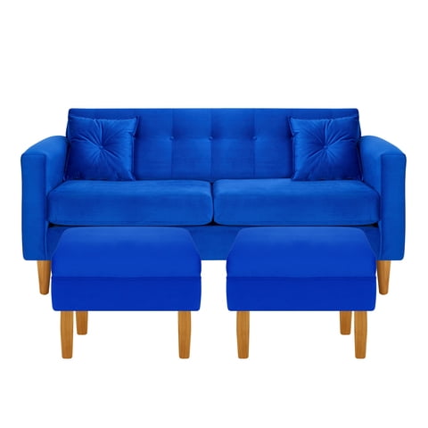 Bodevir - Sofa New Retro 3C + 2 Pouf Felpa 04 Azul Rey