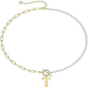 Collar Heshpaws Gold Initial Pearl 14K Gold Plated Paperclip Link Chain A-Z