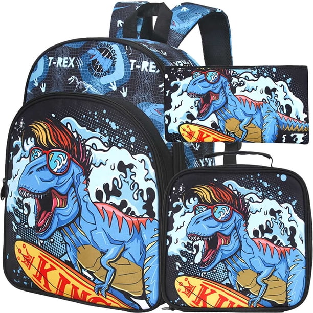 3PCS Dinosaur Backpack for Boys, 16”Kids Bookbag with Lunch Box, School Bag for Elementary Toddler