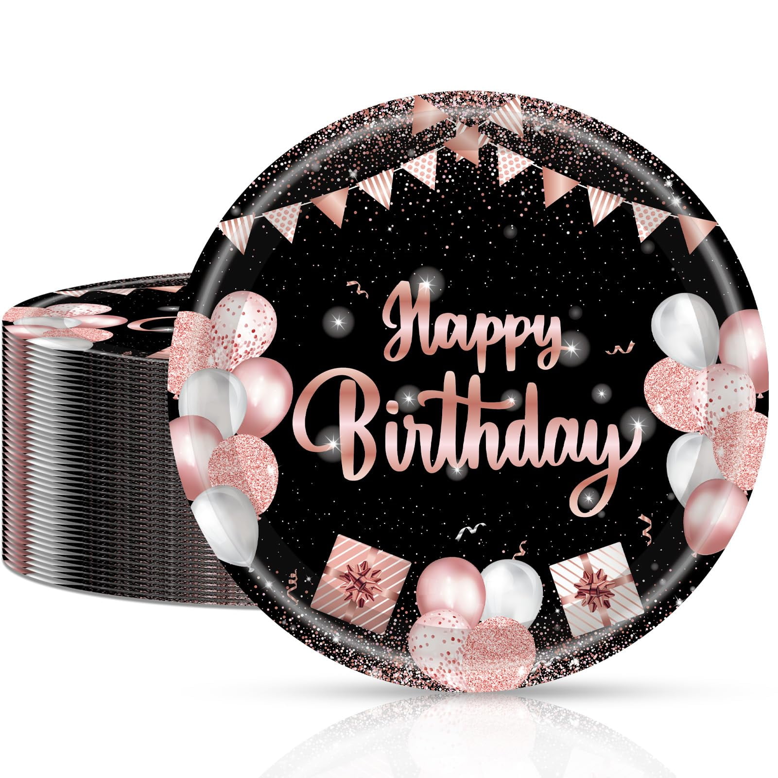 Platos De Fiesta Cekivina Happy Birthday Negro/oro Rosa, 23 Cm, 20 Unidades