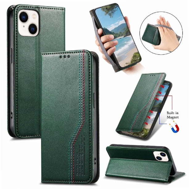 Funda tipo cartera para iPhone 14 de piel con cierre magnético, ranuras para tarjetas y correa para la muñeca Verde