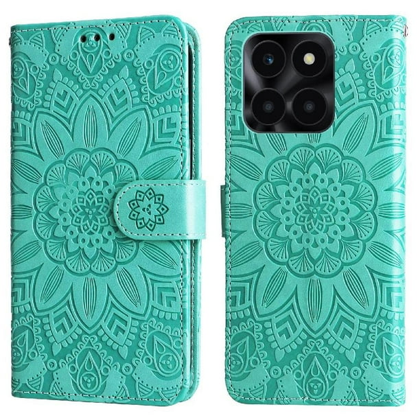 Funda tipo cartera FOXDOCK para Honor X6A , diseño girasol en relieve, cuero PU, cierre magnético, soporte y tarjetero