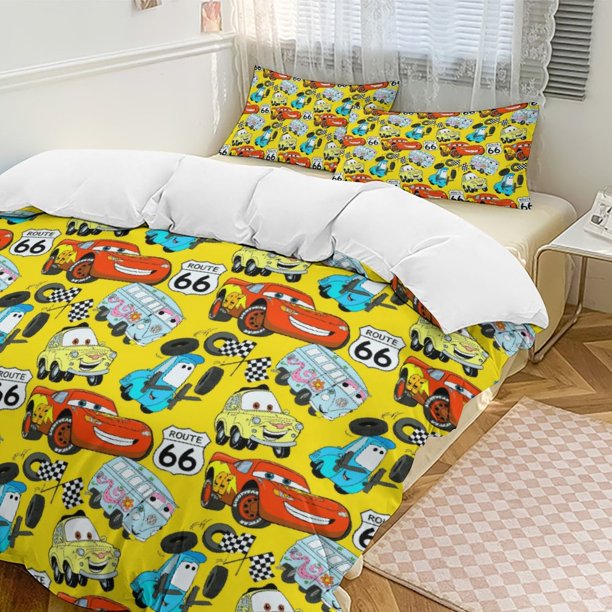 Yellow Route 66 Cars Lightning Mcqueen Comforter Set Soft 3 Pcs Twin Bedding Sets Thicken for All Season