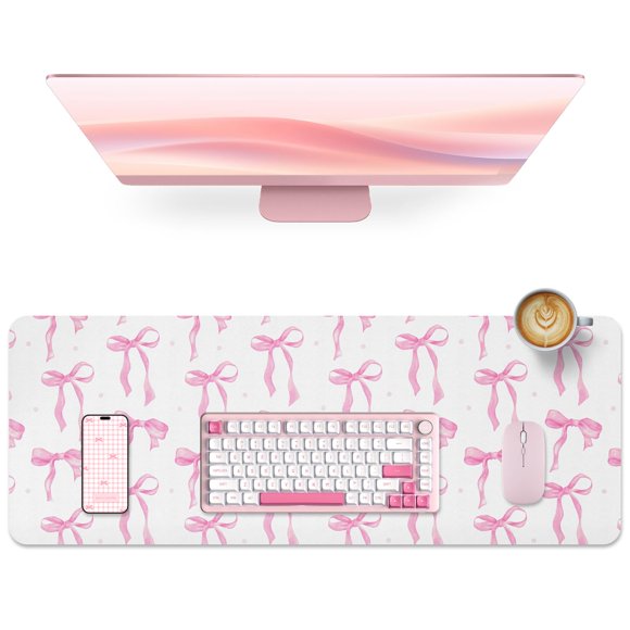 Alfombrilla de escritorio Ahxclty 80x30 cm de cuero sintético PU con diseño de lazo rosa