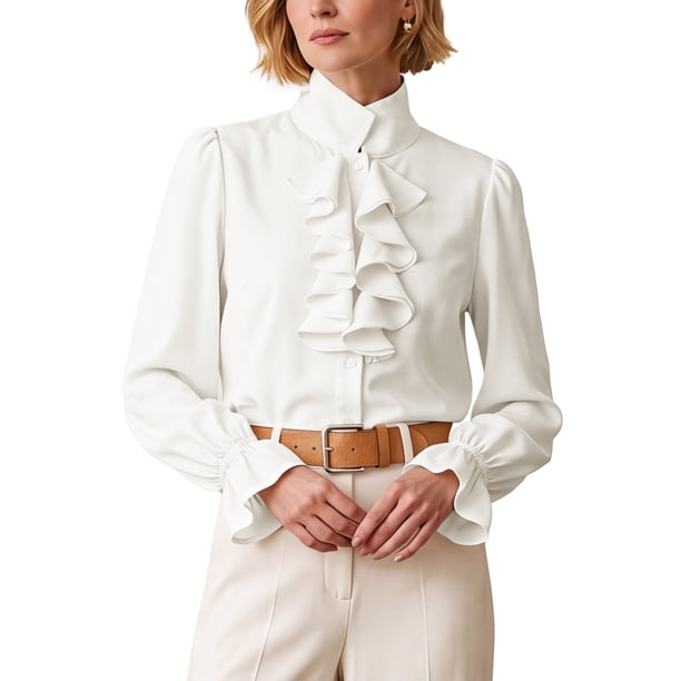 INSPIRE CHIC Blusa de Mujer con Volantes al Frente, Mangas Largas Abullonadas, Cuello Simulado, Ajuste Regular, Pequeña, Albaricoque