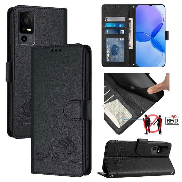 Funda tipo cartera FOXDOCK para TCL 40R con soporte, ranuras, RFID, diseño de gato
