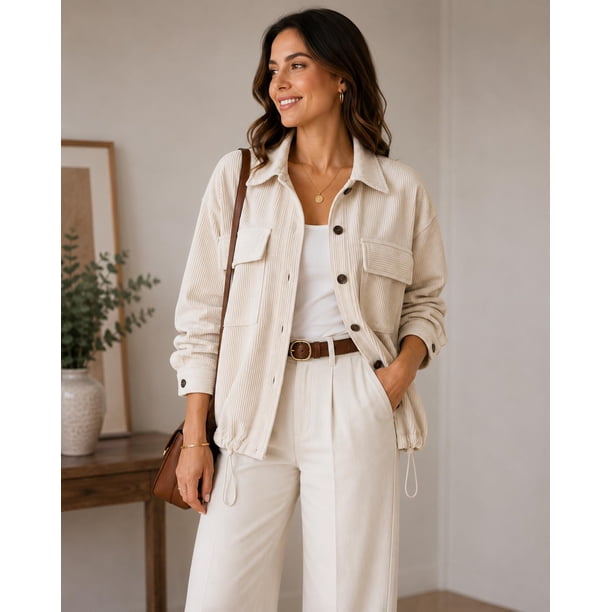 Chaqueta Mujer Cotelé Oversize Con Elástico Ajustable crema Talla Única
