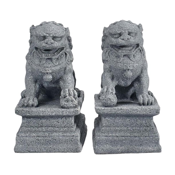 2 estatuas de leones guardianes de estilo asiático, esculturas de jardín, adornos de decoración de bonsái de piedra en miniatura para balcón,