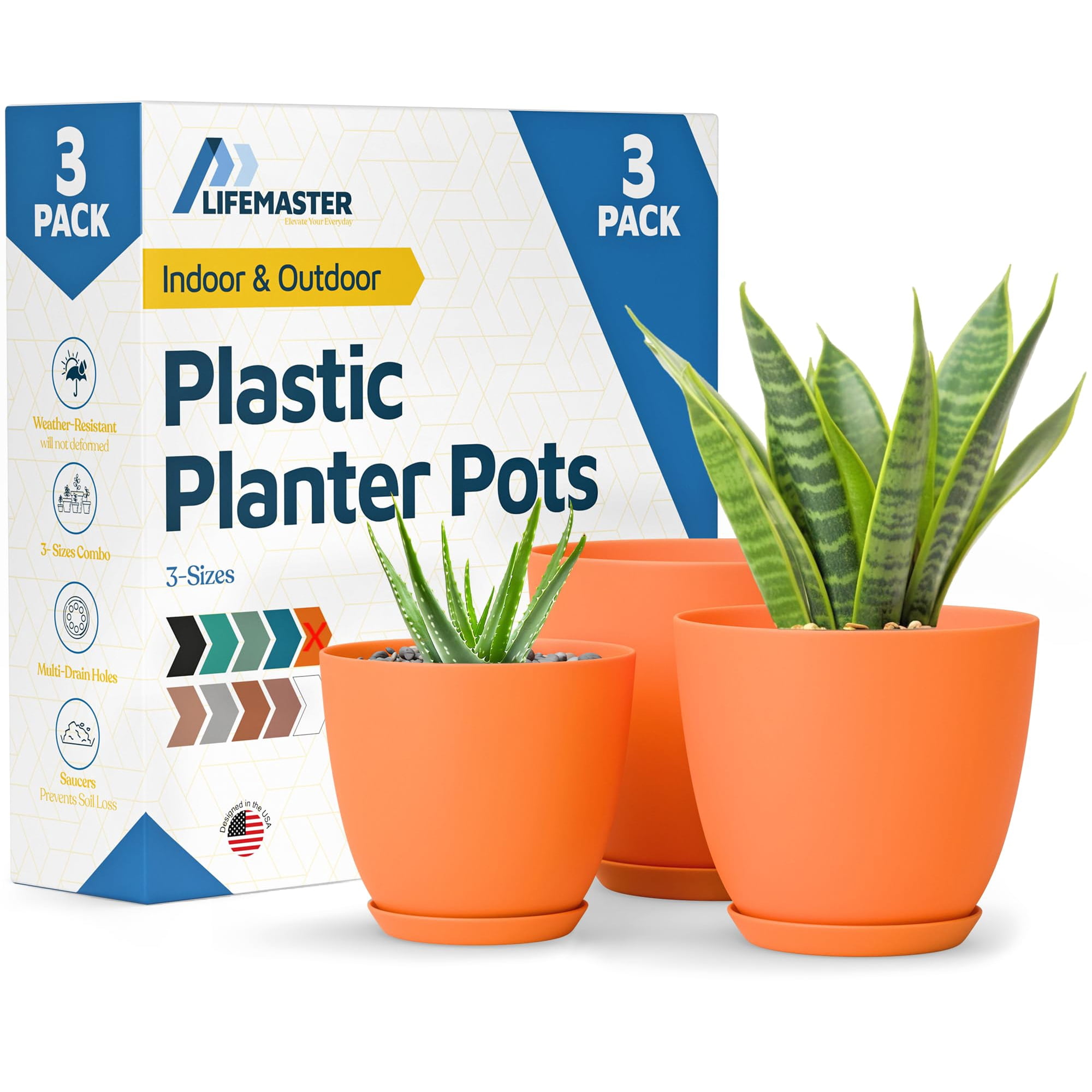 Macetas Lifemaster De 3 Piezas, Amarillas, Apilables, Para Interior Y Exterior