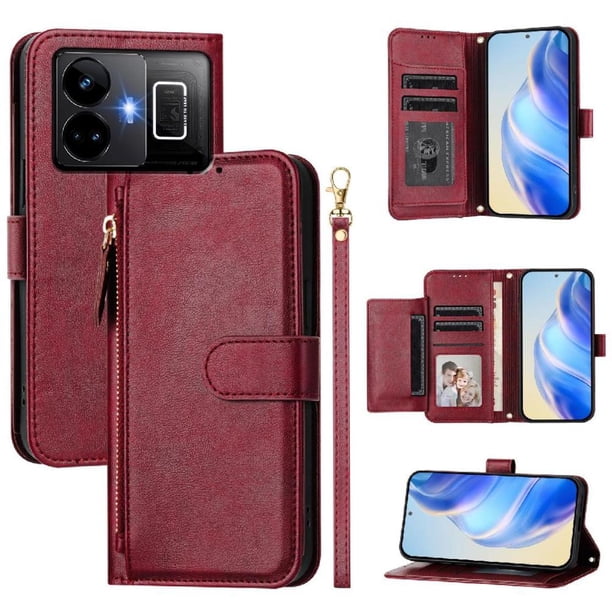 Funda tipo cartera para Realme GT Neo 5 5G con bolsillo con cremallera, tarjetero, soporte, correa para la muñeca y tapa de cuero Rojo