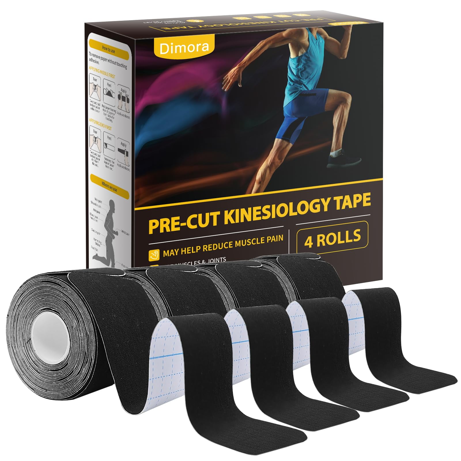 Cinta De Kinesiología Dimora, 80 Tiras, 4 Rollos, 10 Cm, Elástica, Negra