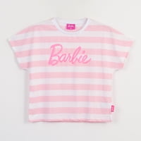 Polera Manga Corta Niña Blanco Rayas Estampado Barbie
