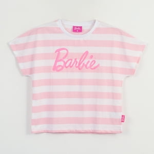 Polera Manga Corta Niña Blanco Rayas Estampado Barbie