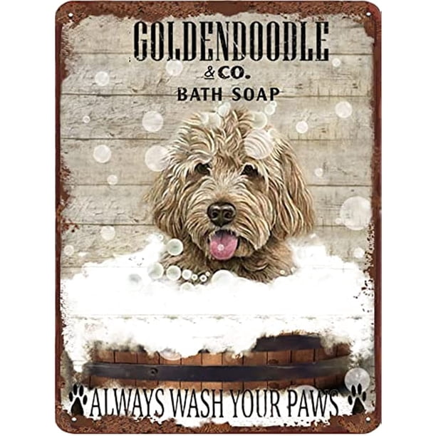 1pc Goldendoodle Metal Tin Sign - Vintage Bath Soap Wall Art for Dog Lovers - Perfect Home and Hotel Decoration - 12x8 Inch