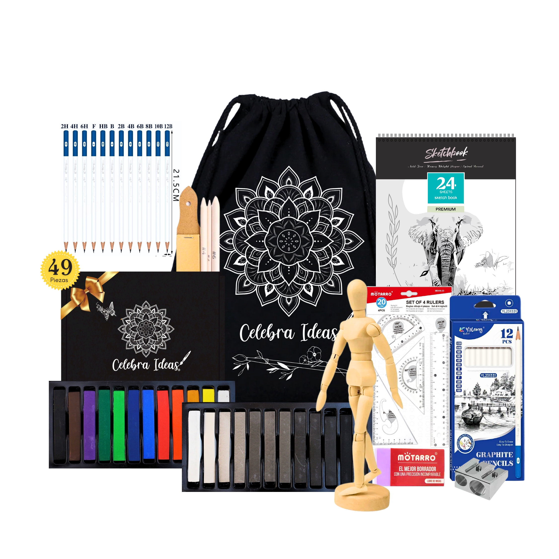 Celebra Ideas - Set Kit Arte Dibujo Grafito Con Pasteles Secos 24 Colores