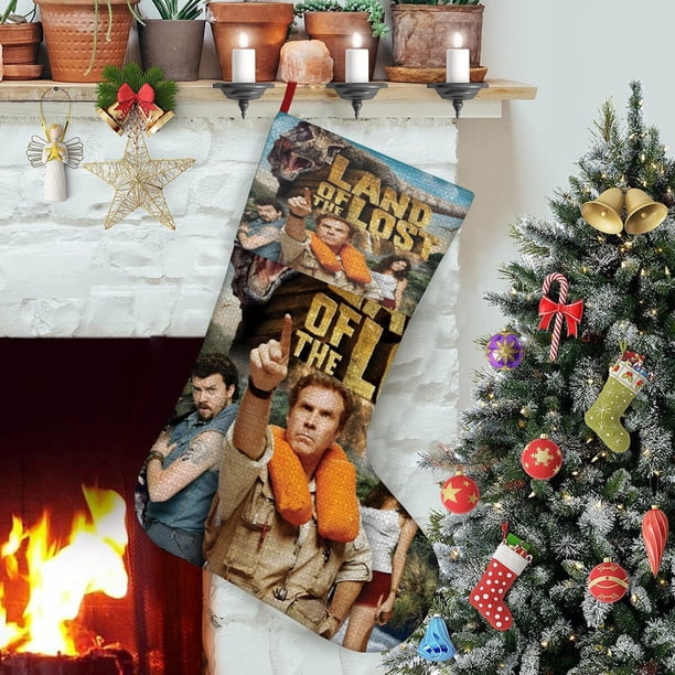 La Tierra Perdida Tema: Calcetines de Navidad, fino lino blanco para colgar en escaleras y chimenea, decoración navideña para el hogar, regalo de Navidad.54cm×38cm