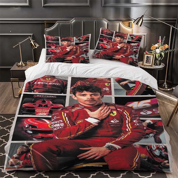 Leclerc Racing Themed Bedding Three-Piece Set Duvet Cover and Pillowcase Set