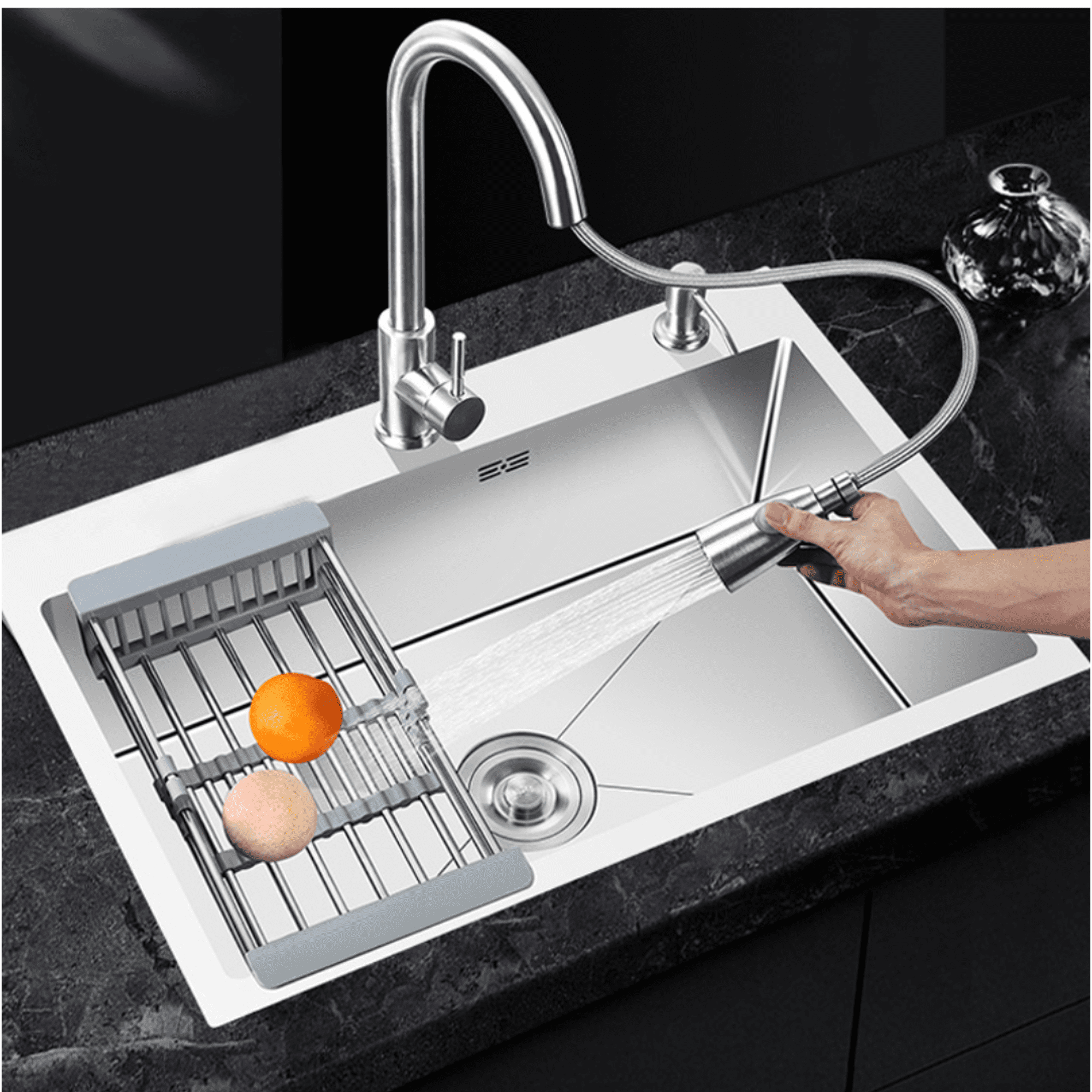 Modern Space - Lavaplatos 60x45 Cm Deluxe Acero Inoxidable Color Plateado 2mm Espesor Con Rejilla Escurridora, Dispensador De Jabón Y Griferia Extraible