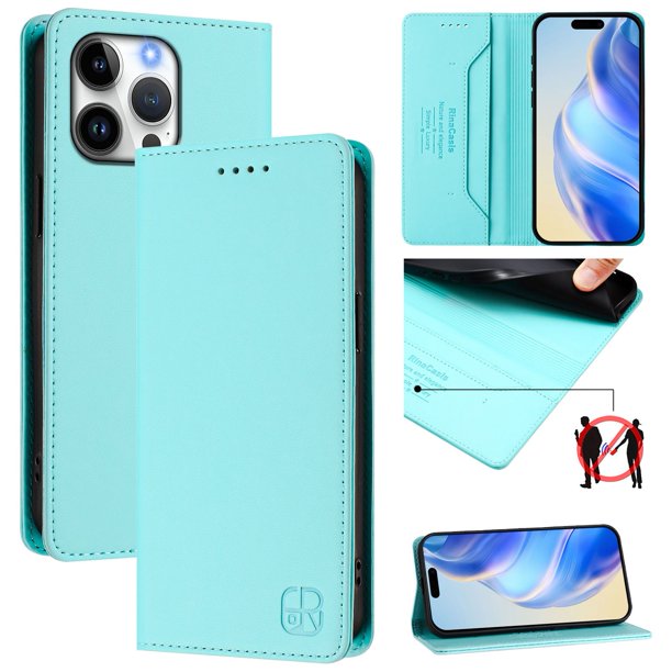 Funda Billetera con Soporte para iPhone 16 Pro Max Bloqueo RFID Plegable Verde menta