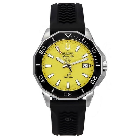 Reloj Bulova Marine Star Black Silicone Strap Yellow Dial Precisionist Quartz Diver'S 200M 96B431 Men'S Watch