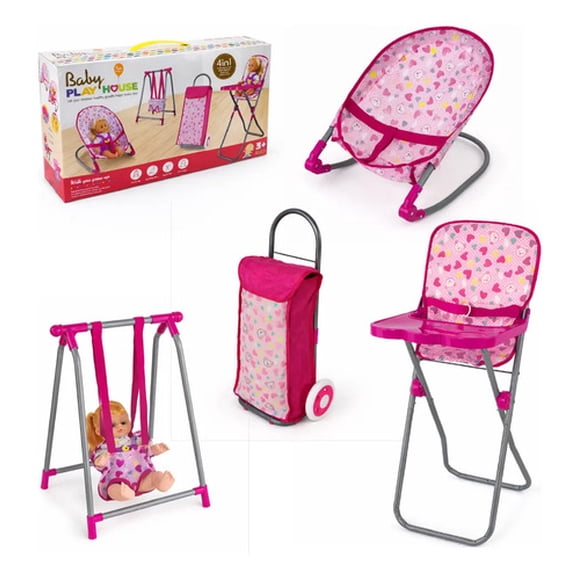 Set Juego Para Muñecas 4en1 Silla Coche Columpio Y Mecedora Rosado