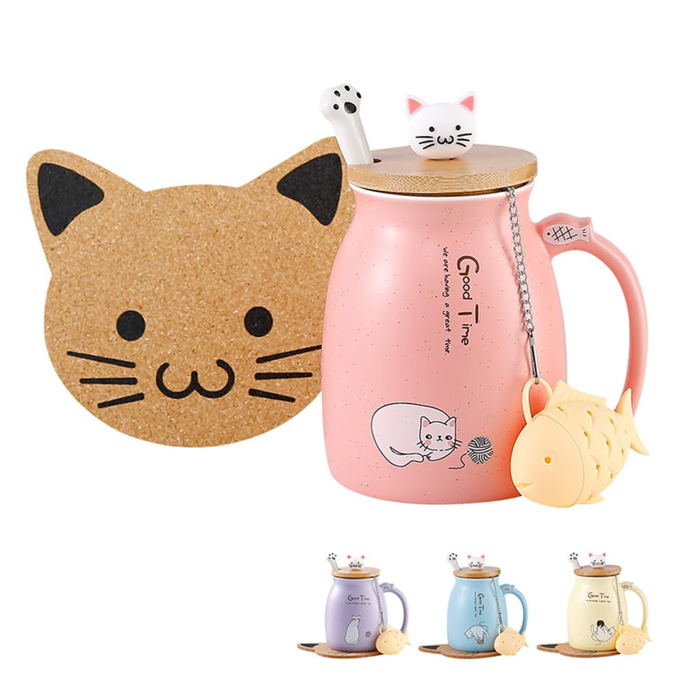 Taza De Té Bignosedeer Kawaii Con Bonito Gato, De Cerámica, 380 Ml, Con Infusor