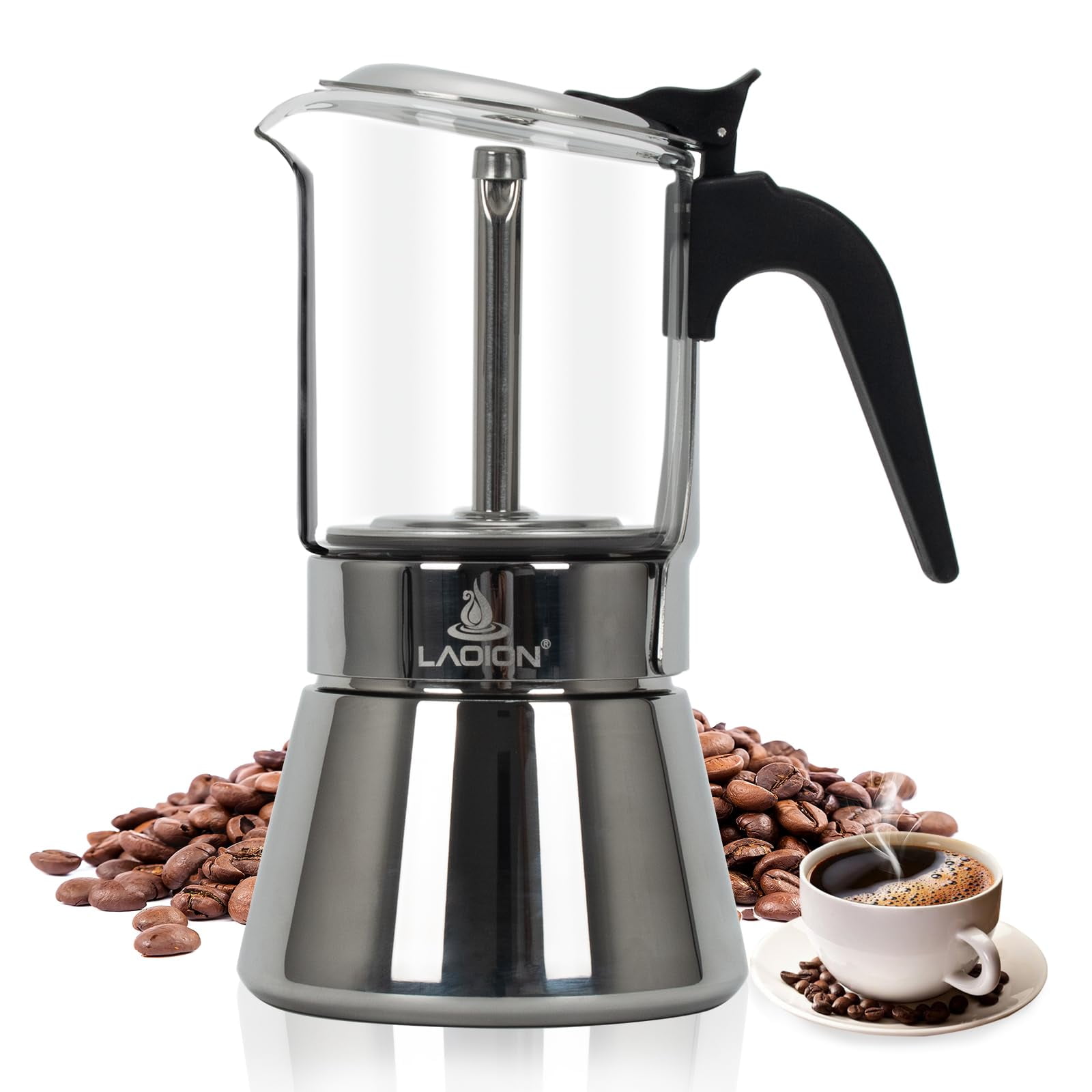 Cafetera De Café Espresso Laoion Para Moka, 6 Tazas, Vidrio Y Acero