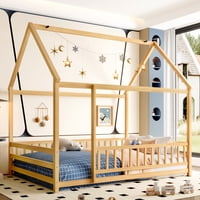 M&Ms - Full Size Floor Wooden Bed With House Roof Frame, Fence Guardrails,Natural