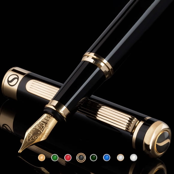 Pluma estilográfica Scriveiner lacada negra con acabado dorado de 24 quilates