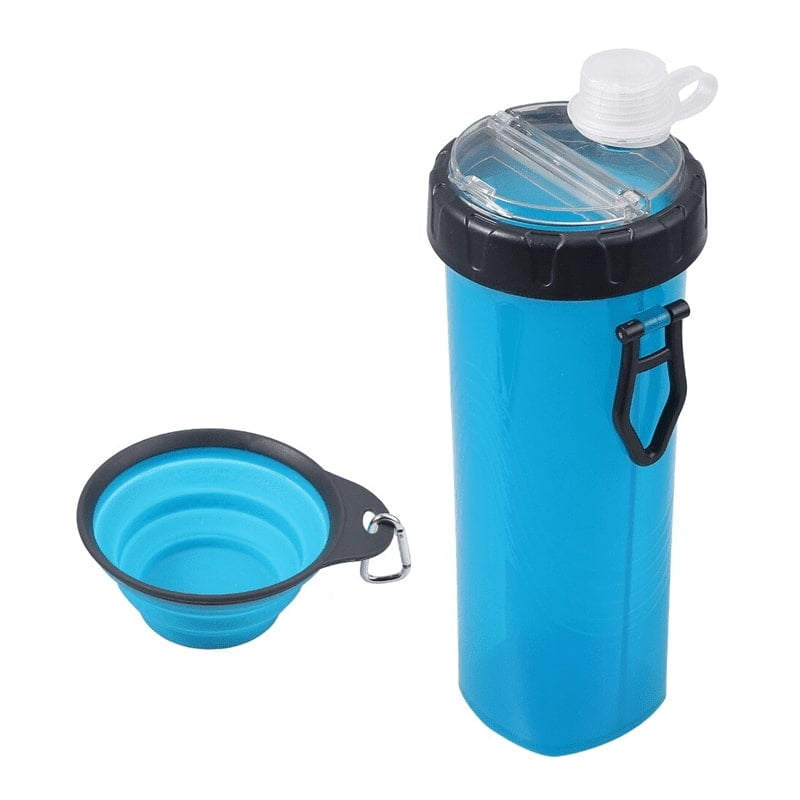 Botella 2 En 1 Para Comida Y Agua Perros Mascota + Plato Azul